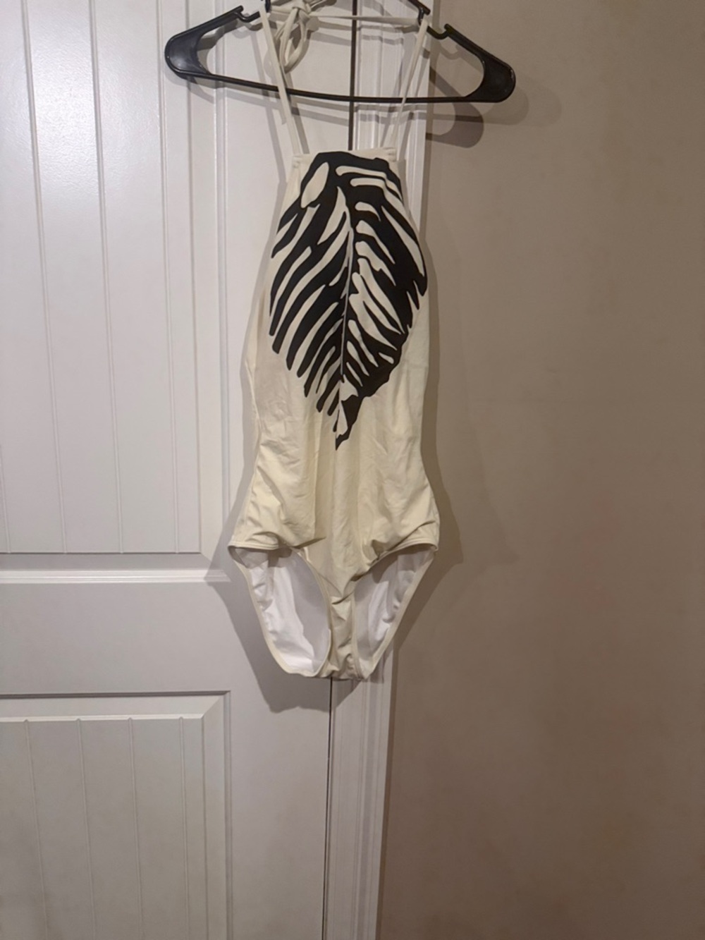 Victoria's Secret Cream One-Piece Swimsuit with Black Leaf Print